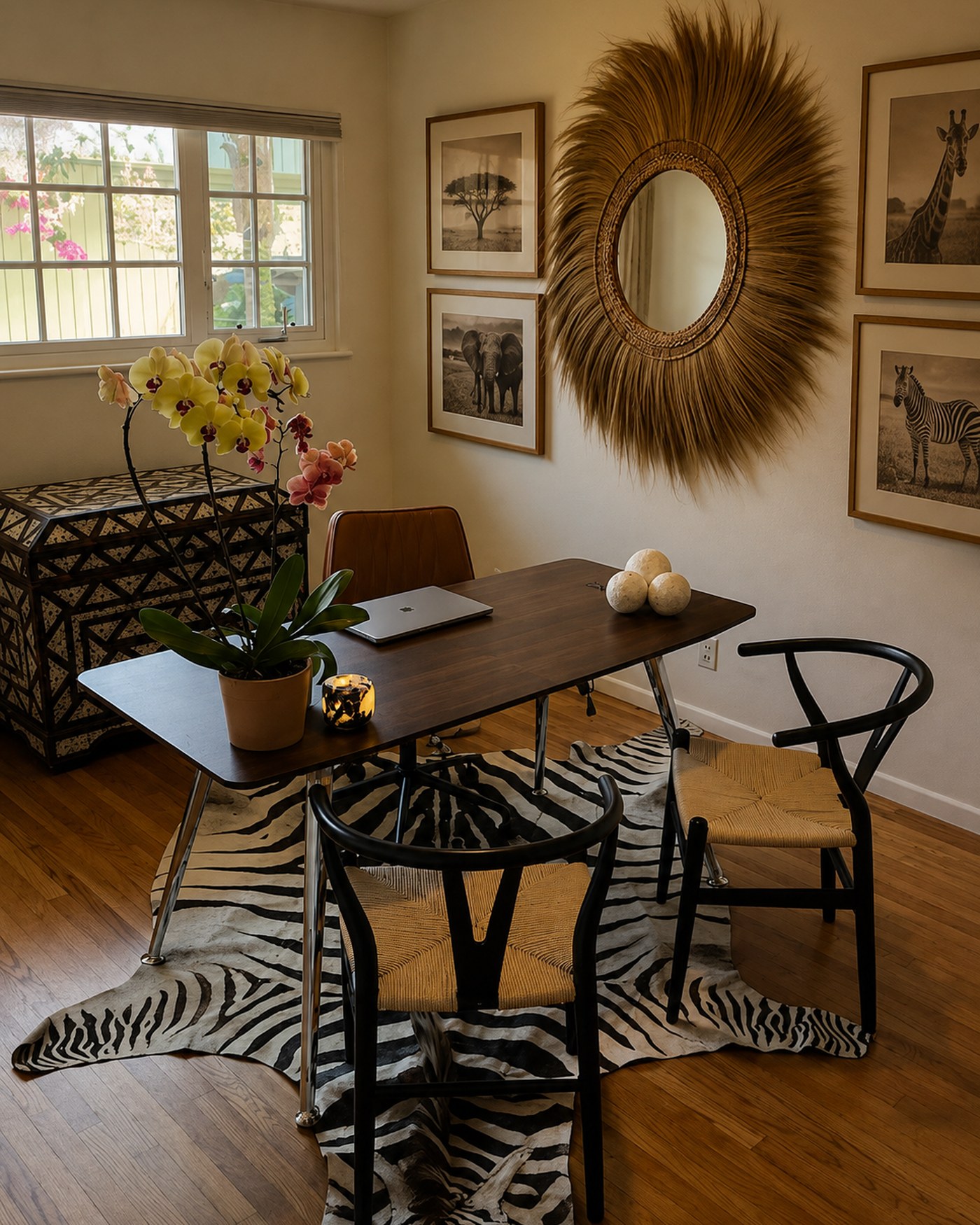 A home office styled over a zebra hide rug