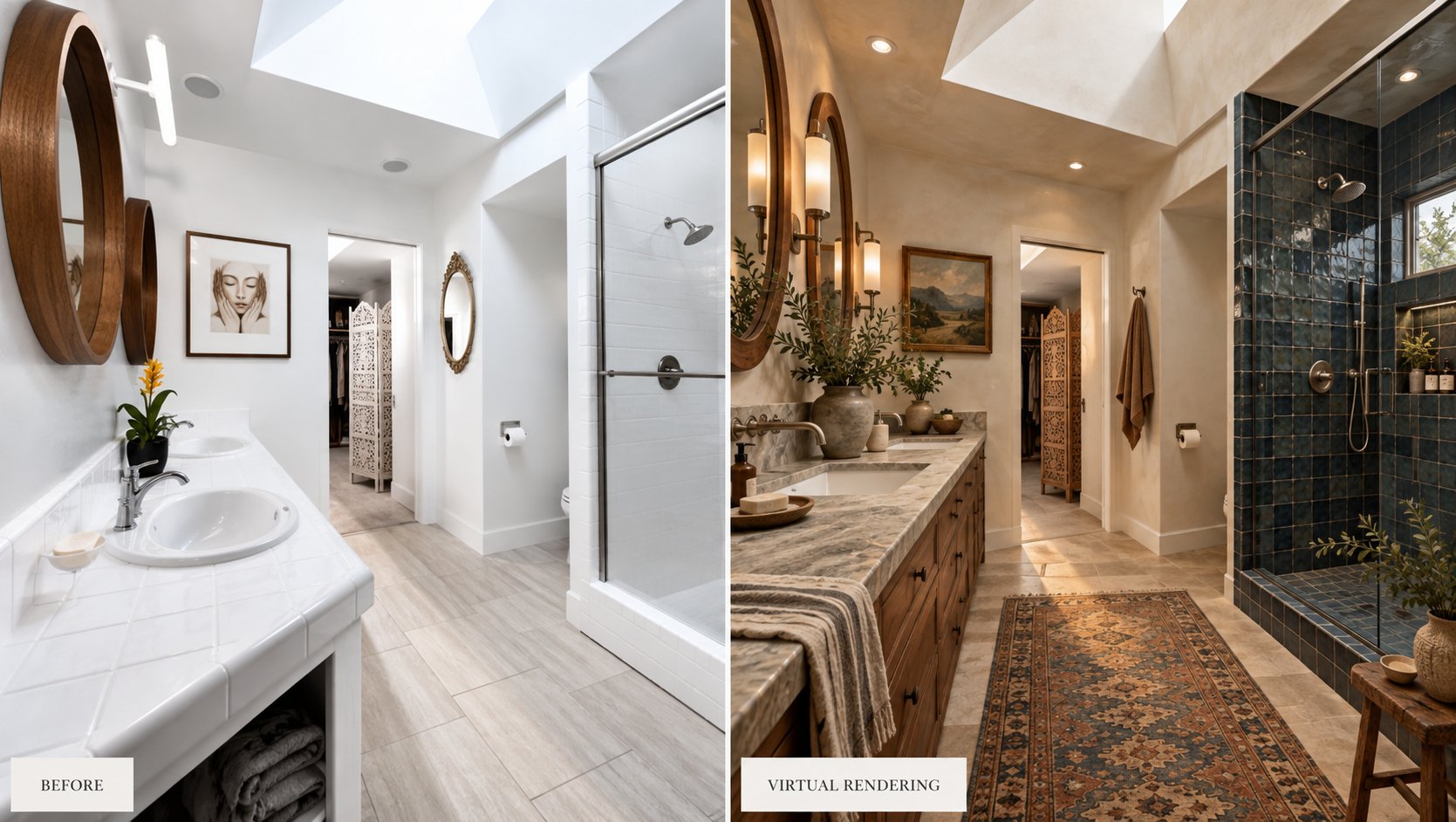 Primary bath, before and after Virtual Vision concept rendering