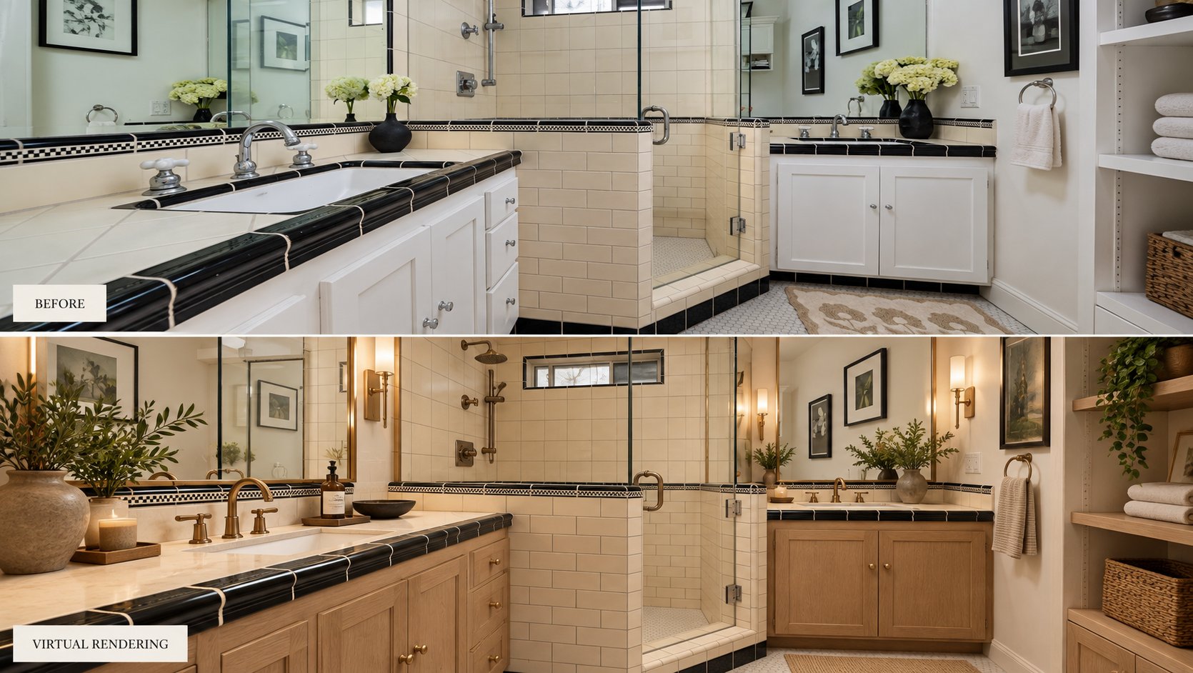 Guest bath, before and after Virtual Vision concept rendering