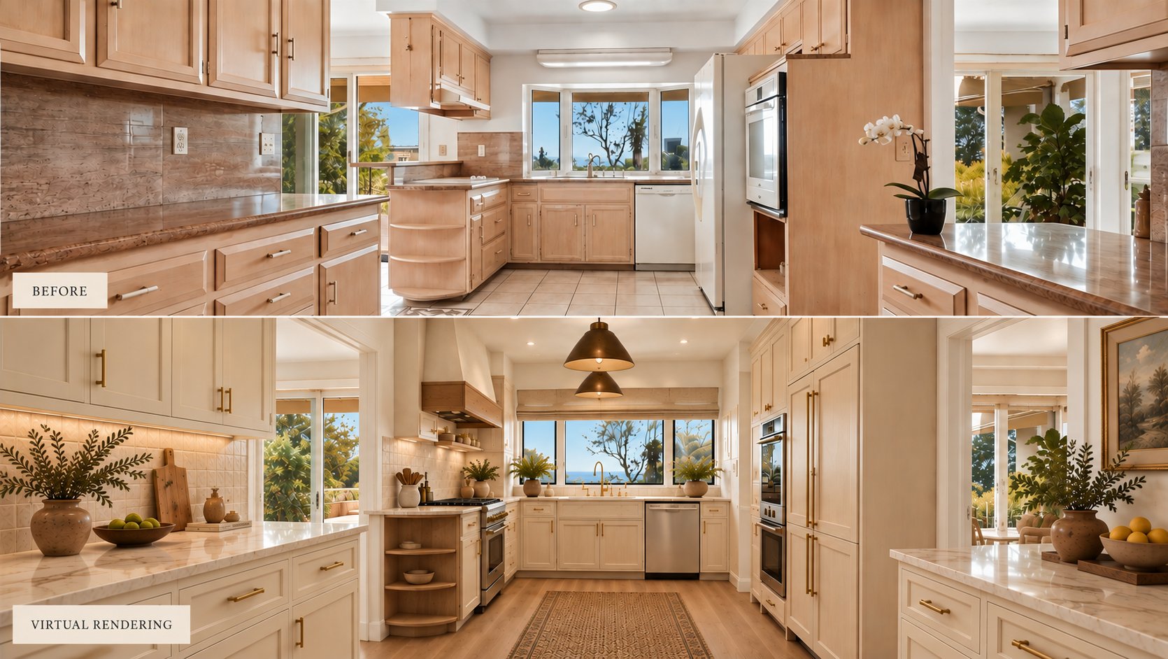 Kitchen, before and after Virtual Vision concept rendering