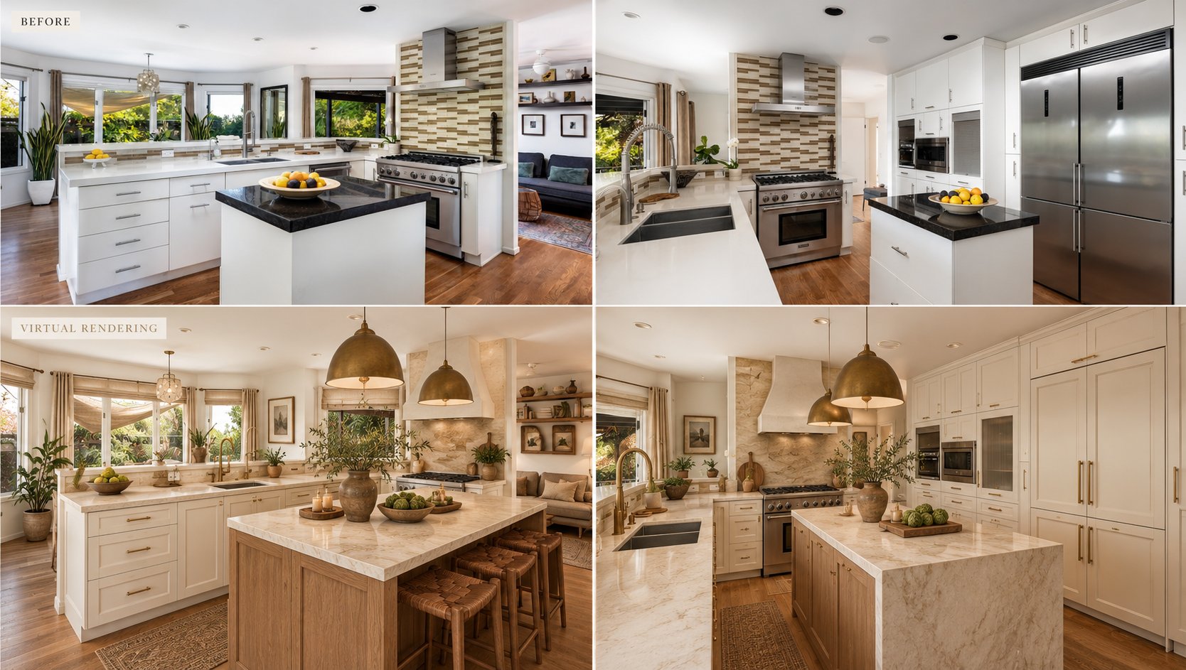 Kitchen, before and after Virtual Vision concept renderings, multiple angles