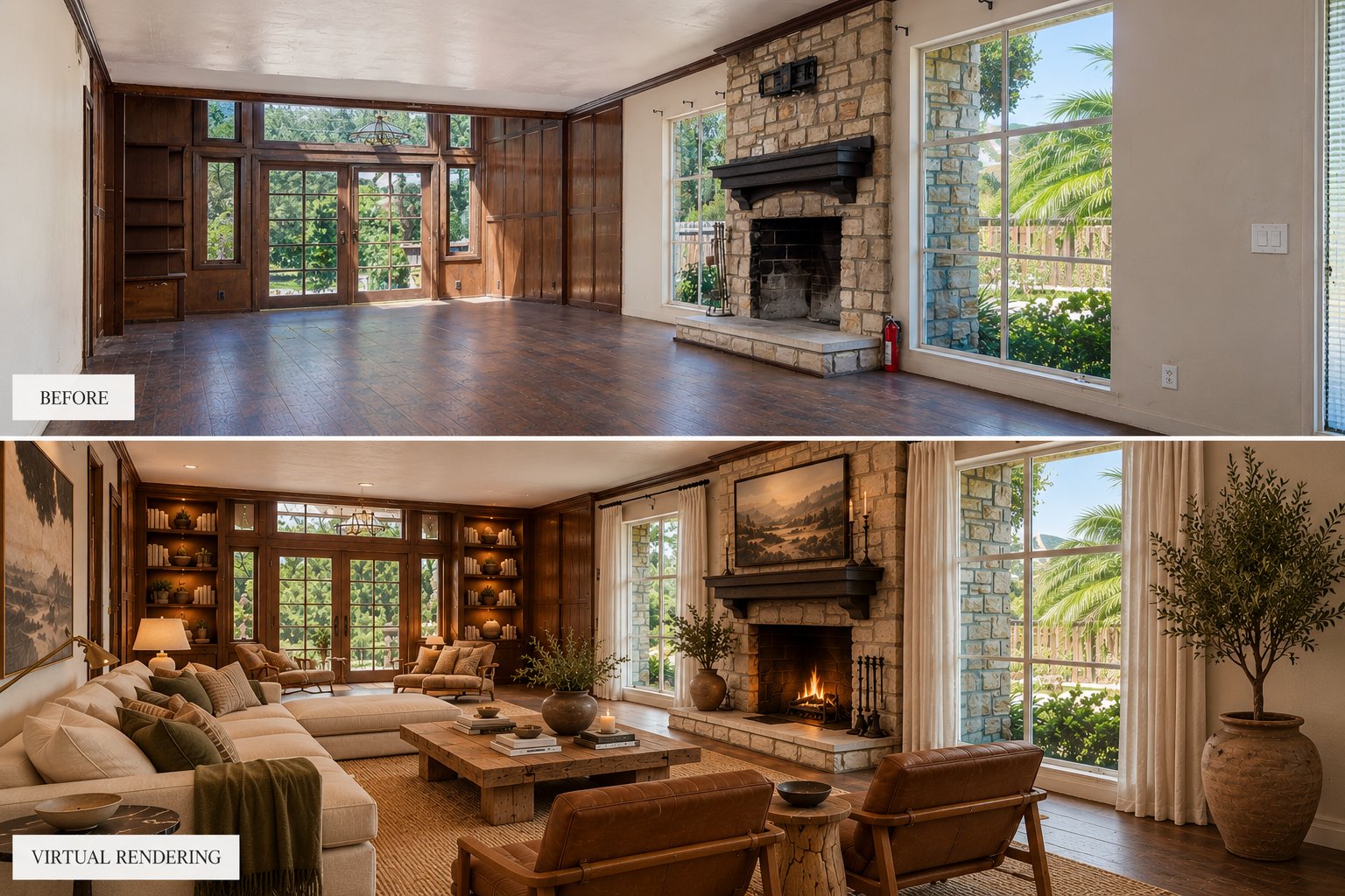 Living room, before and after Virtual Vision concept rendering